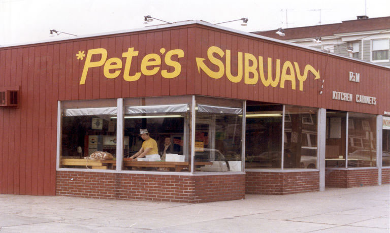 Pete's Subway, one of the original designs of the Subway logo, complete with the iconic arrows in the letter S and Y.